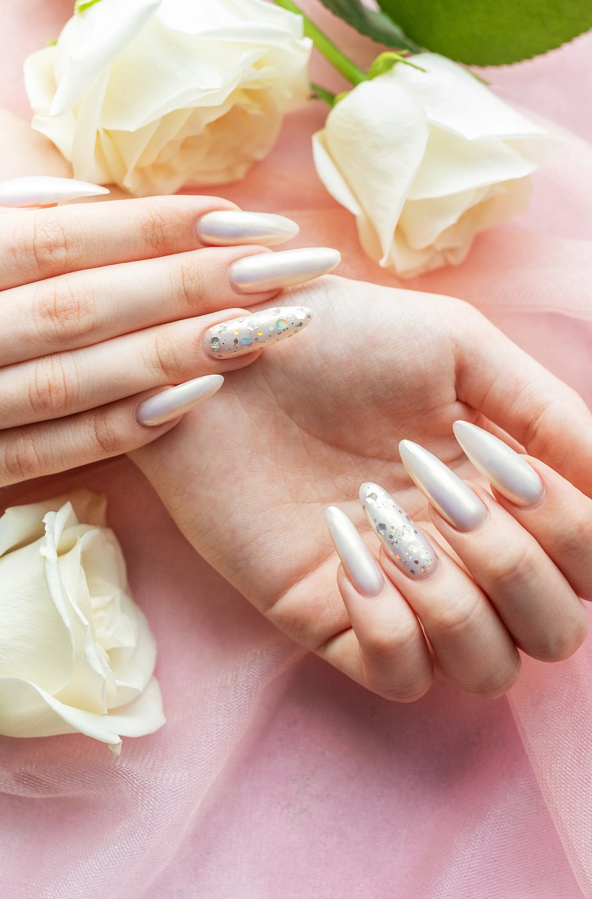 Elegant manicure with white roses — V Nail Bar & Lash, Marietta GA